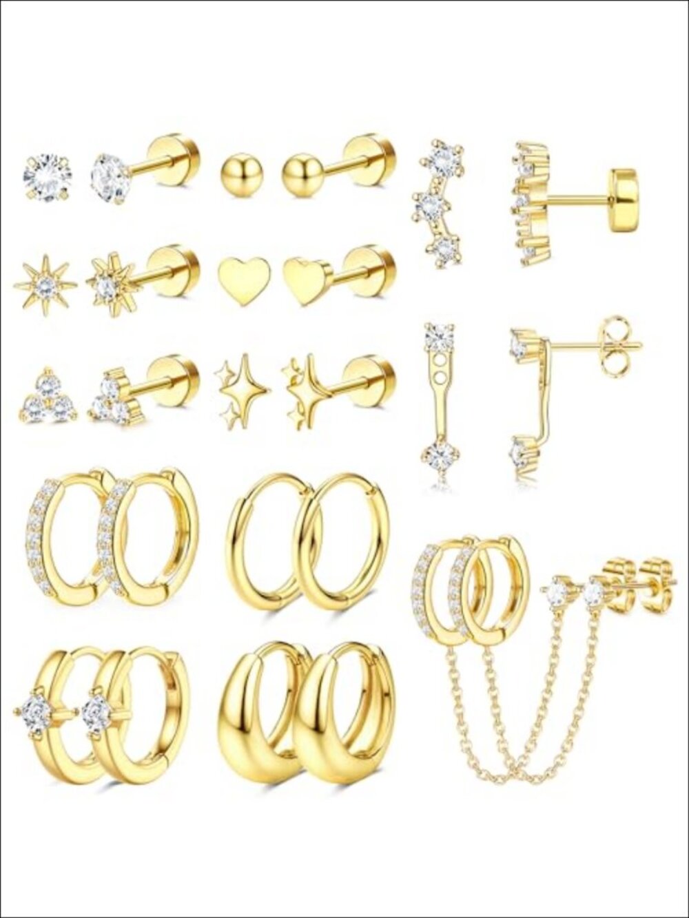 Hypoallergenic 14K Gold Plated Flat Back Stud Earrings Set for Women